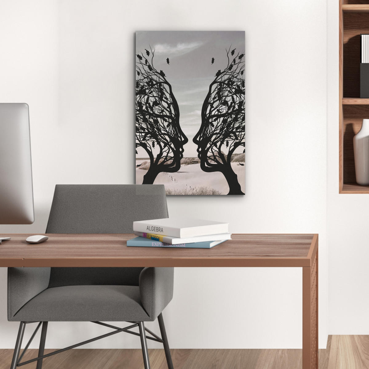 AKUSTIKBILD Strand - Meer - Menschen - Baum - Moderne Kunst Kunstdruck Schlafzimmer 50x70 cm - Hellgrau, Kunststoff (50/70/0.9cm) - MuchoWow