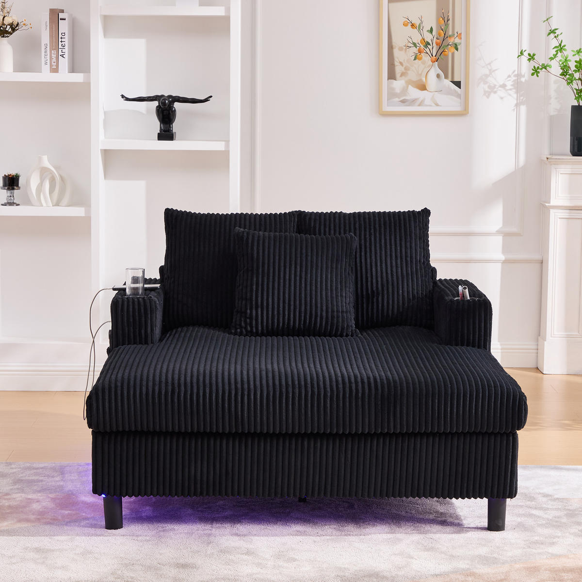 CHAISELONGUE 2-Sitzer Cord Schwarz mit LED, USB und Getränkehalter - Schwarz, Holzwerkstoff/Kunststoff (128/85/142cm) - WISHDOR
