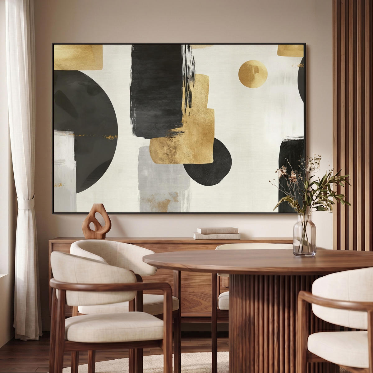 LEINWAND Bilder mit Rahmen - Gold - Rechtecke - Kreise - Abstrakt - 150x100 - Weiß, Textil (150/100cm) - MuchoWow