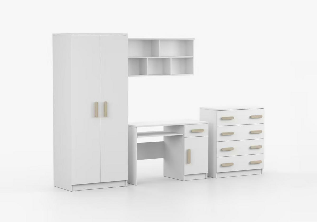 JUGENDZIMMER Elora in Weiß – 4-teiliges Set mit Schreibtisch, Kommode, Wandregal und Schrank – Grifffarbe Sonoma Eiche - Weiß, Holzwerkstoff (80/200/120cm)