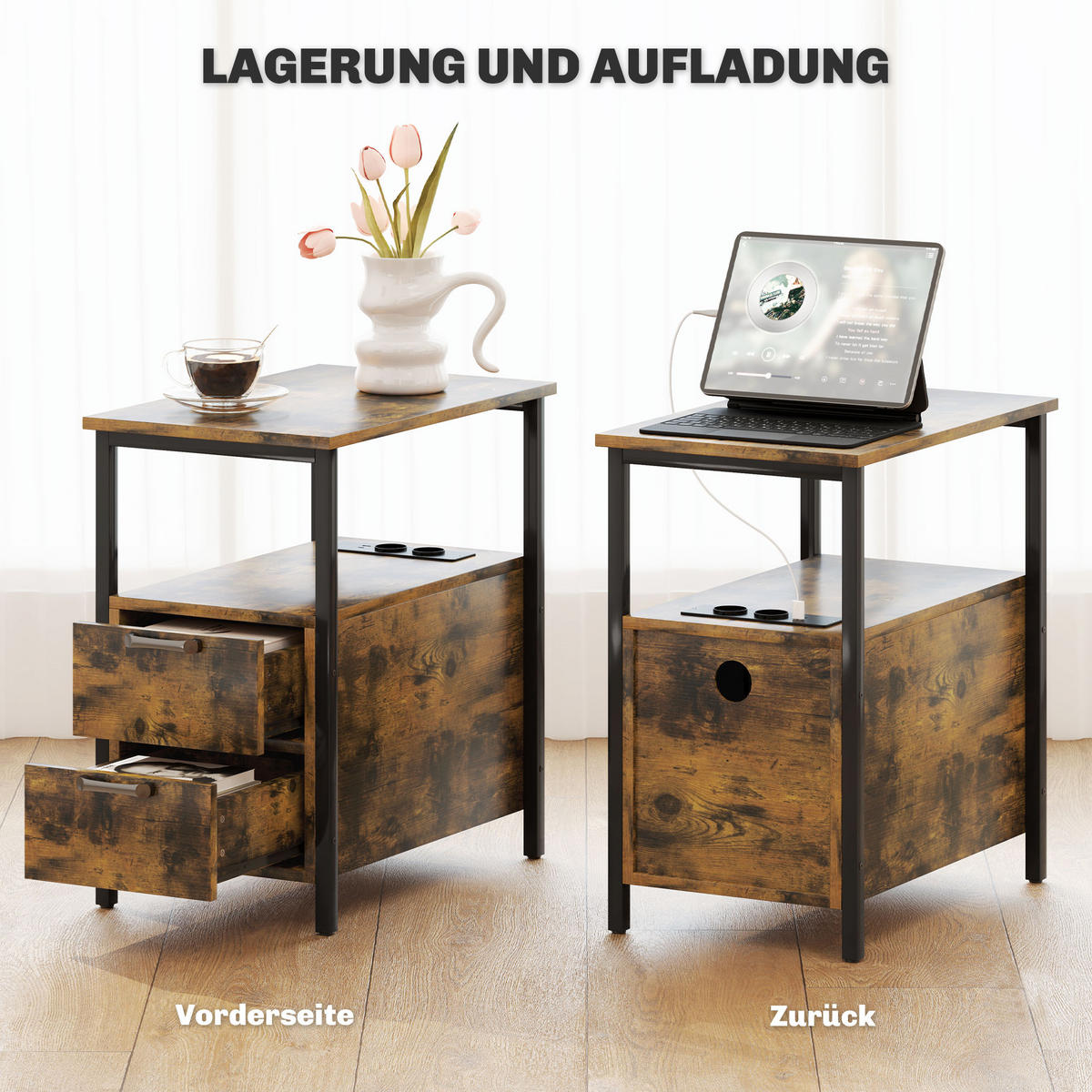 BEISTELLTISCH Couchtisch mit Aufladestation, USB-Anschlüssen und Steckdosen, Rustikal-Braun - Braun, Holzwerkstoff (35/55/58.5cm) - HOMCOM