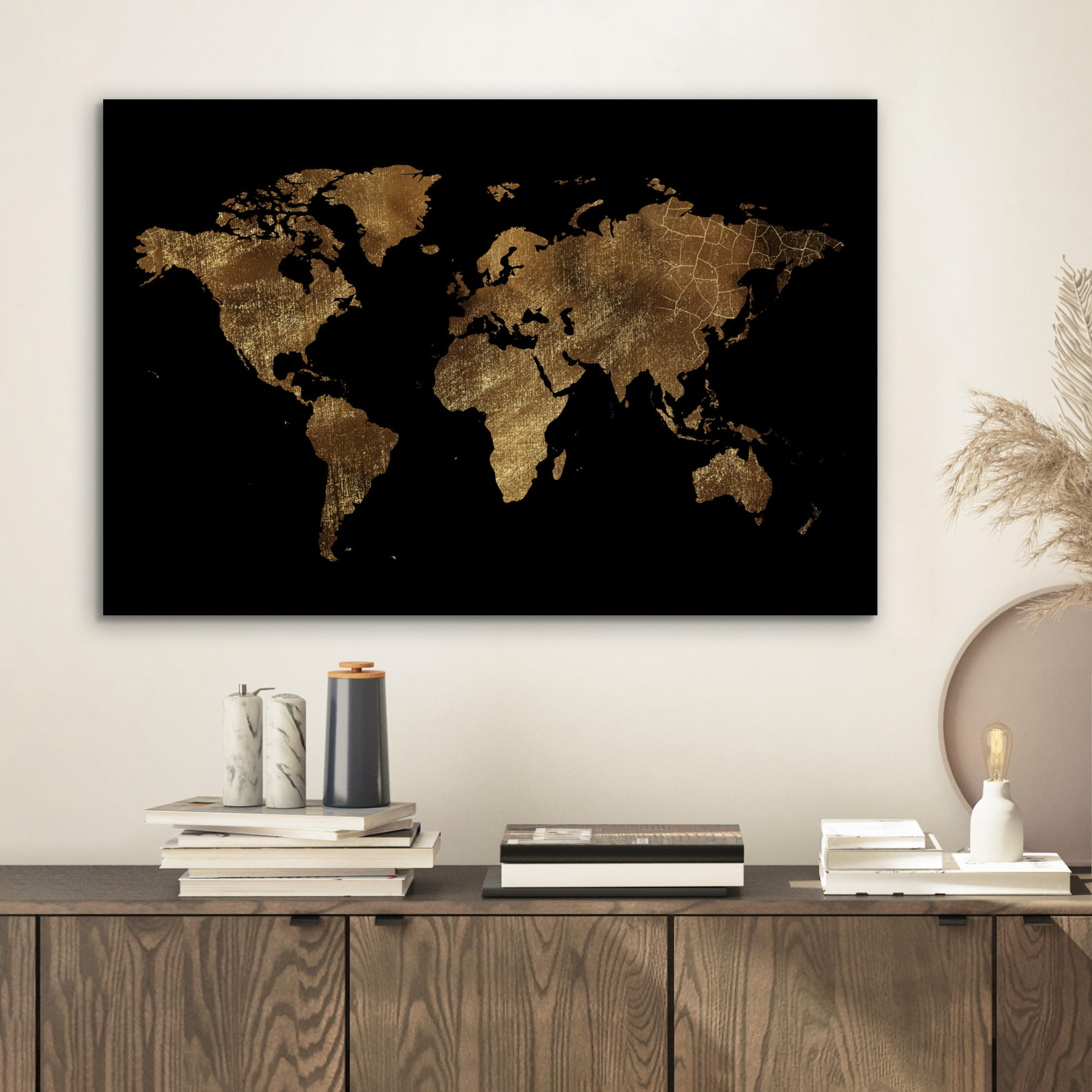 METALLBILD Weltkarte - Gold - Luxus - Erde - Schwarz 60x40 cm - Goldfarben, Metall (60/40cm) - MuchoWow