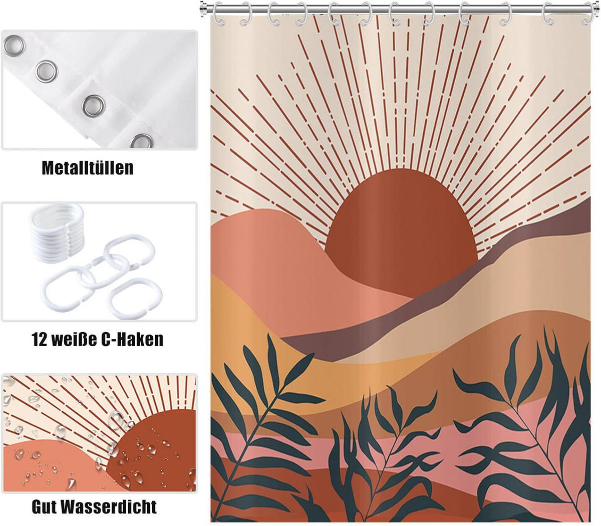 DUSCHVORHANG Beige Boho Kunst abstrakt Blätter waschbar wasserdicht Stoff - Multicolor, Textil (200/180cm) - MCBOSON