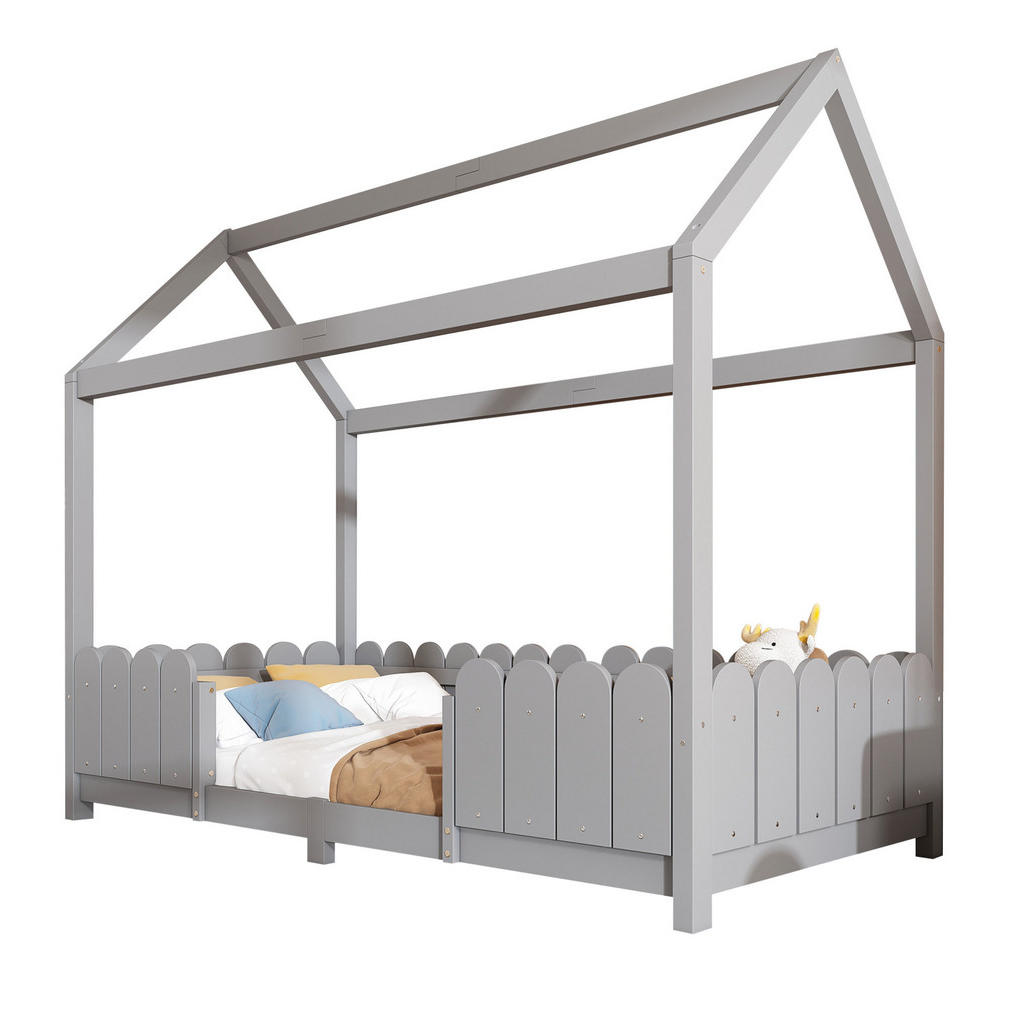 OKWISH DĚTSKÁ postel 90/200 cm šedá z borovicového dřeva s domečkem a zábranou