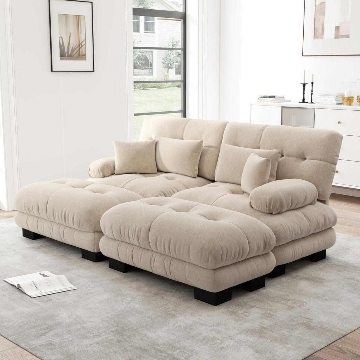 SOFA modular mit Ottomans Chenille Light Coffee - Beige, Kunststoff (145/81/220cm) - Meubliv