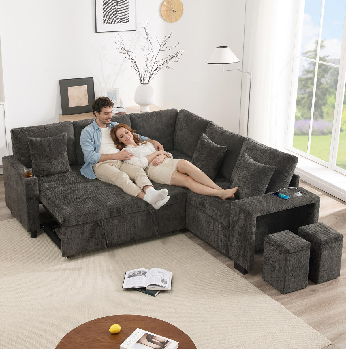 ECKSOFA 220/205/86,5 cm mit Schlaffunktion, Stauraum, USB- und USB-C-Anschluss, Chenille, Grau - Grau, Textil (220/205cm) - Redom