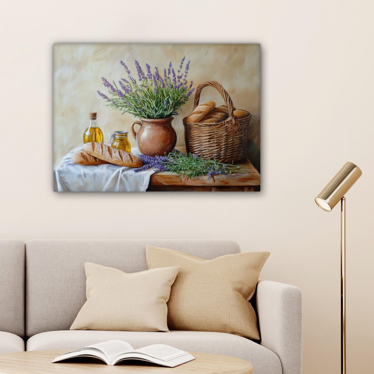 LEINWANDBILD Lavendel - Brot - Stilleben Wandbilder 80x60 cm - Flieder, Textil (80/60cm) - MuchoWow