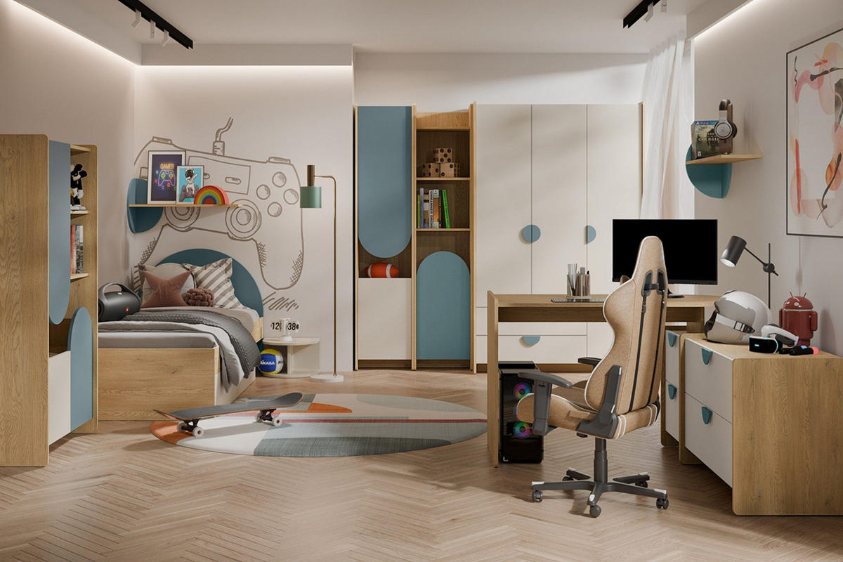 KINDERSCHREIBTISCH LEXO 12 120/78/60 cm in Eiche Cremona/Macadamia/Meeresblau - Blau/Eichefarben, Holzwerkstoff (120/78/60cm) - Deine Möbel 24