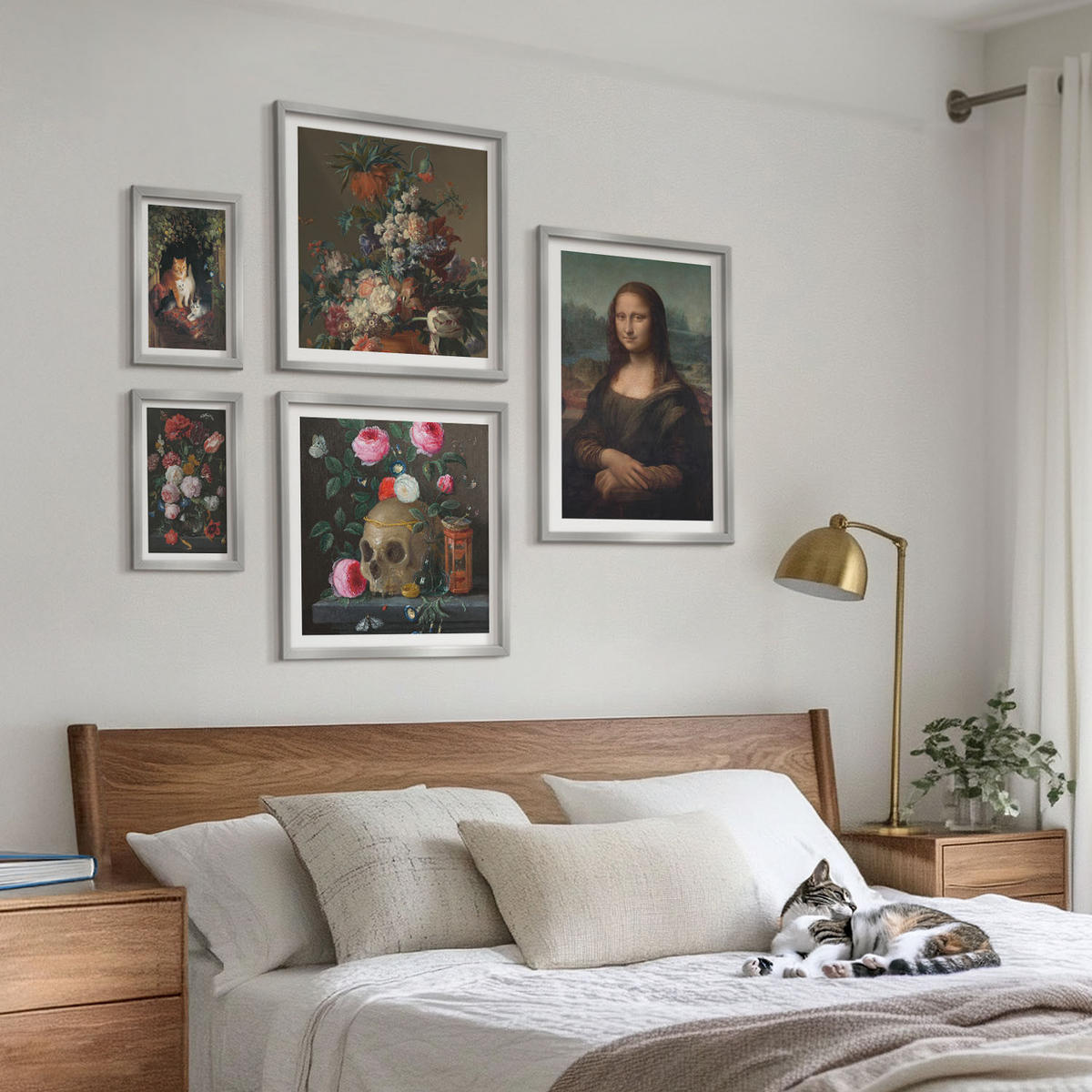 WANDBILDER 5er Set - 50x50 cm & 20x30 cm & 40x60 cm Silberner Rahmen - Vintage Blumen Totenkopf Mona Lisa - Silberfarben, Kunststoff (40/60cm) - ArtPrintCave