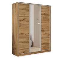 SCHWEBETÜRENSCHRANK TARI 150/205/58 cm 3-türig mit Spiegel und Schubladen Eiche Wotan - Eiche Wotan/Silberfarben, Holzwerkstoff (150/205/58cm) - MASSENO