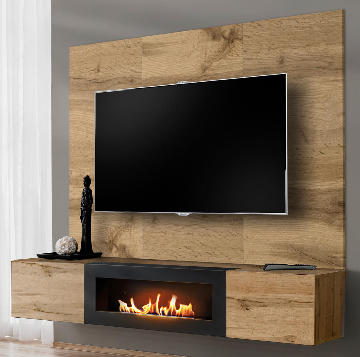 TV-LOWBOARD Eiche Wotan 180 cm, TV Unterschrank hängend mit Ethanol-Kamin - Eiche Wotan, Holzwerkstoff (180/30/40cm) - Inn.Furn