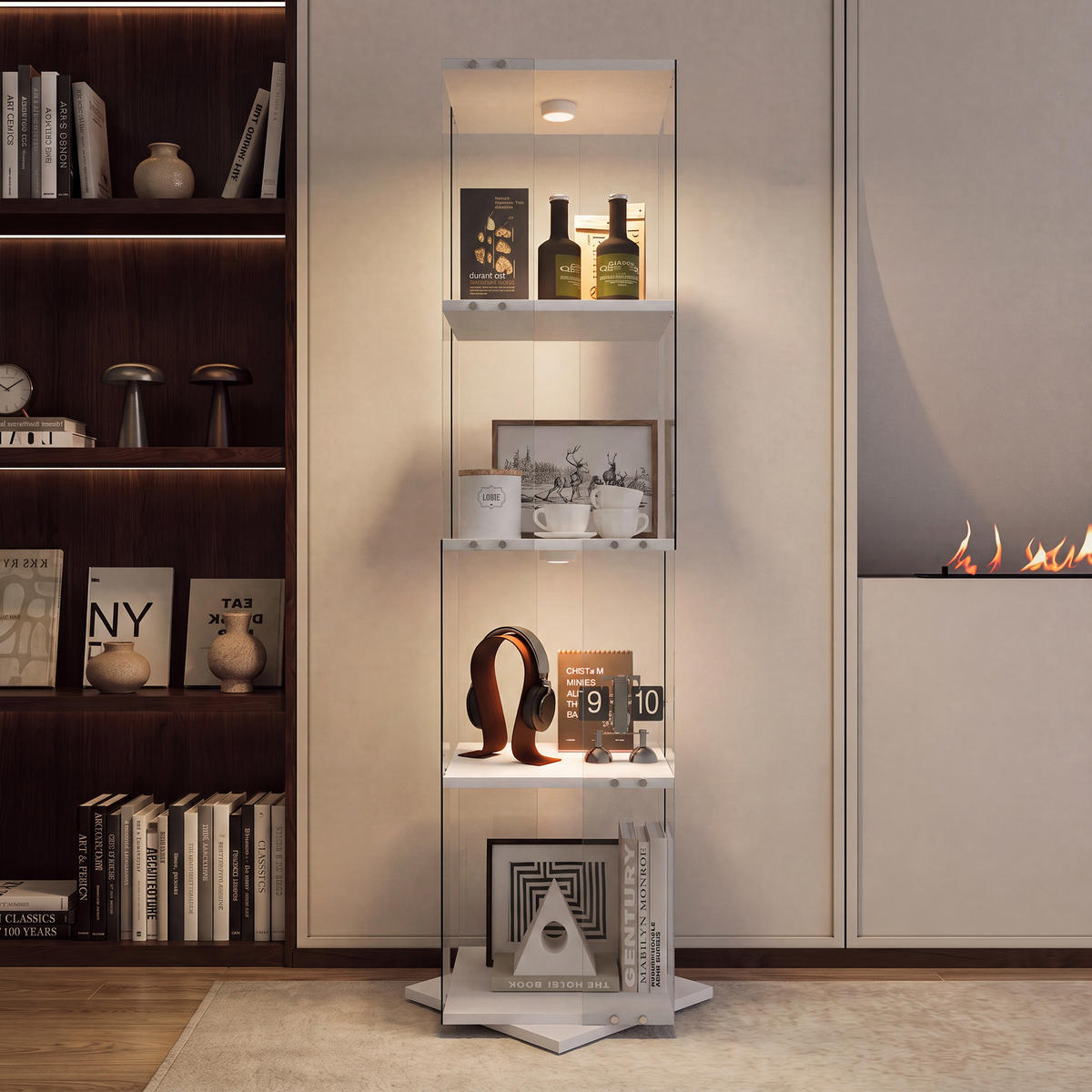 DREHVITRINE 360° mit RGB LED, 4 Ebenen, Glasvitrine weiß für Deko - Weiß, Glas (38/160/38cm) - SHOPENTRA