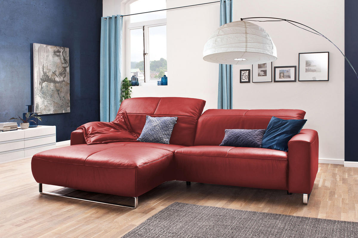 ECKSOFA MIT SITZTIEFENVERSTELLUNG YORK Hochglanz Rot Leder - Silberfarben/Kirschrot, Leder (284/180cm) - KAWOLA