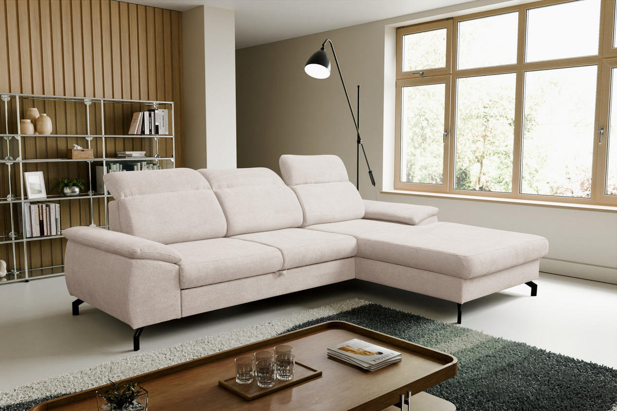ECKSOFA MALIBU mit Schlaffunktion und Bettkasten, Farbe: Beige, Velourstoff, Ottomane Rechts - Beige, Textil (276/184cm) - VENASI MÖBEL