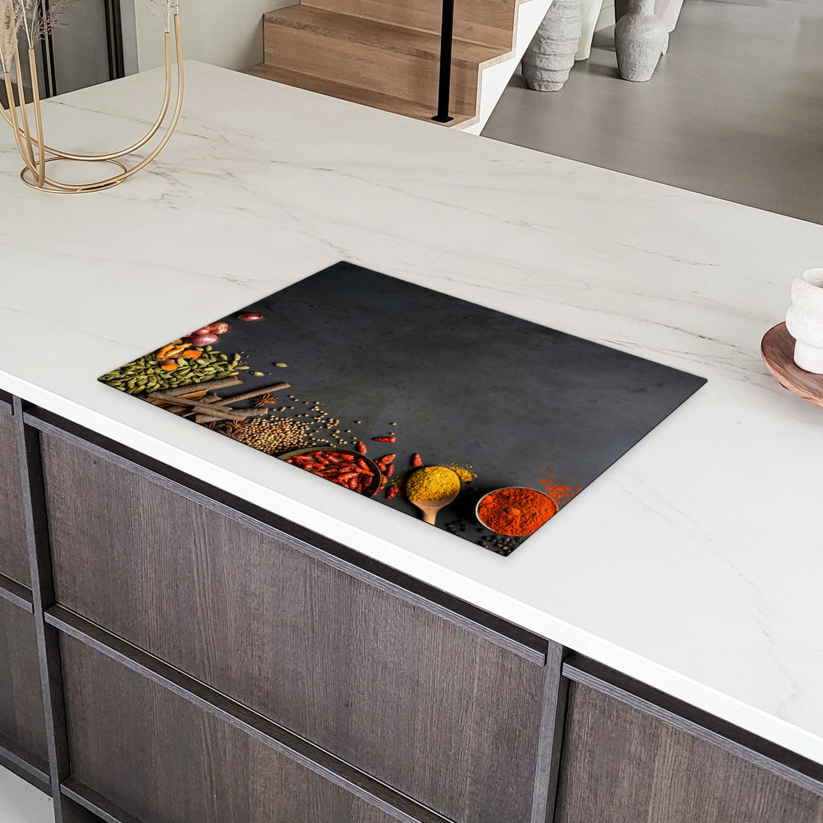 HERDABDECKPLATTE Kräuter - Lebensmittel - Gewürze - Schwarz - Paprika - Zimt Herdabdeckung Induktionsfeld 75x52 cm - Currygelb, Kunststoff (75/52/0.2cm) - MuchoWow