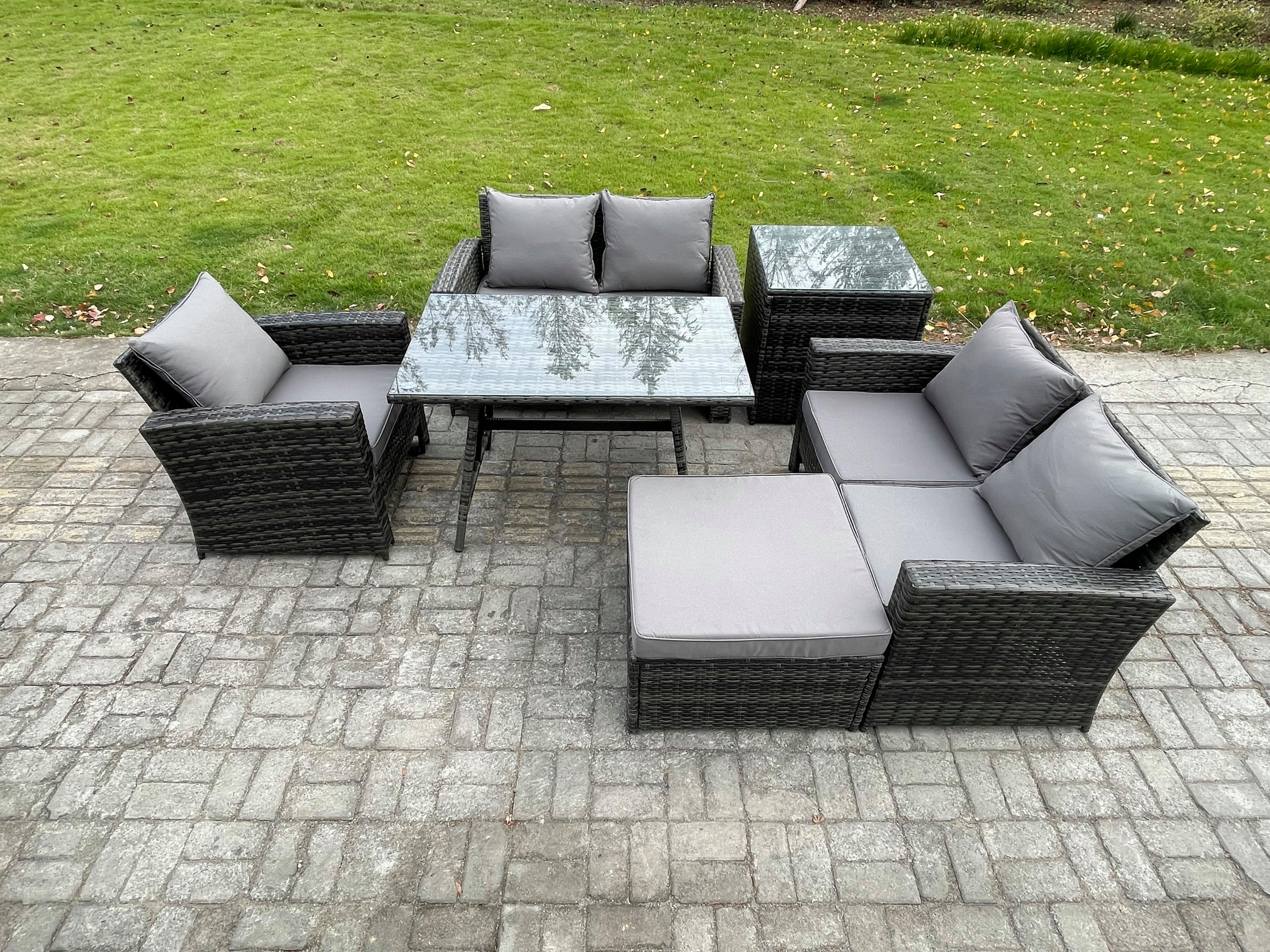 GARTENMÖBELSET mit ESSTISCH,HOCHLEHNER-SOFA Polyrattan Dunkelgrauer Mix 6-Sitzer - Dunkelgrau/Grau, Glas/Kunststoff - Fimous
