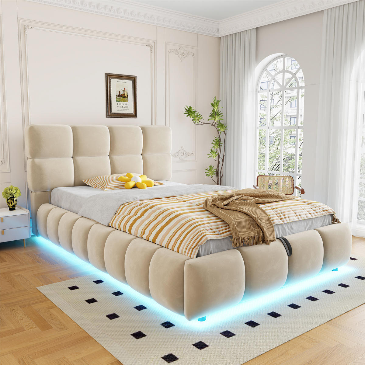 POLSTERBETT 90/200 cm in Beige mit Bettkasten, LED, Samt und gepolstertem Kopfteil - Beige, Holzwerkstoff/Textil (90/200cm) - STILVORA