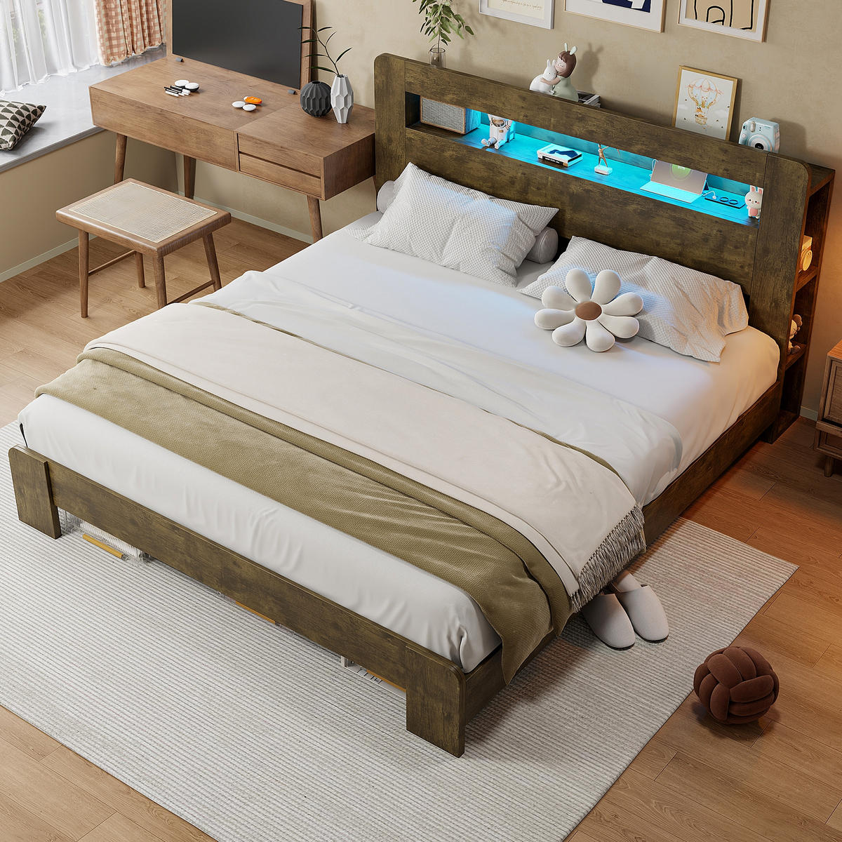 POLSTERBETT 180/200 cm Holzfarbe mit LED-Beleuchtung und integrierte Steckdosen - Eichefarben, Holz (180/200cm) - Oxeza