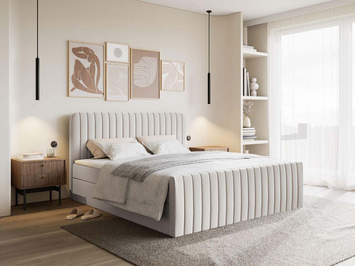 BOXBETT Saliano mit Topper und Chenille-Bezug Hellbeige, 140x200 cm - Ecru, Kunststoff/Textil (140/200cm) - Selsey