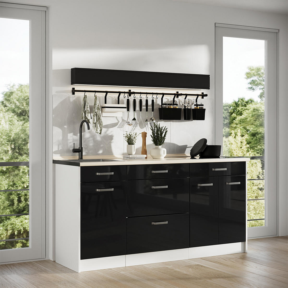 KÜCHENBLOCK R-Line, Schwarz Hochglanz/Weiß, 160 cm Arbeitsplatte Anthrazit - Schwarz Hochglanz/Weiß, Holzwerkstoff (160/81.6/60cm) - Vicco