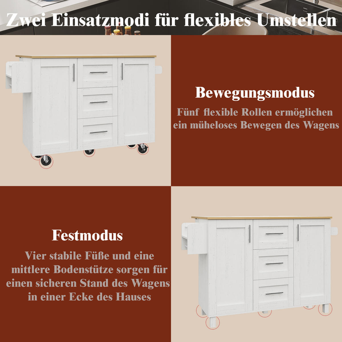 KÜCHENWAGEN 135x74x87.2cm Weiß mit Klappseiten, 3 Schubladen, Snackregal & 5 Rollen - Weiß, Holzwerkstoff (135/87.2/74cm) - Modfu