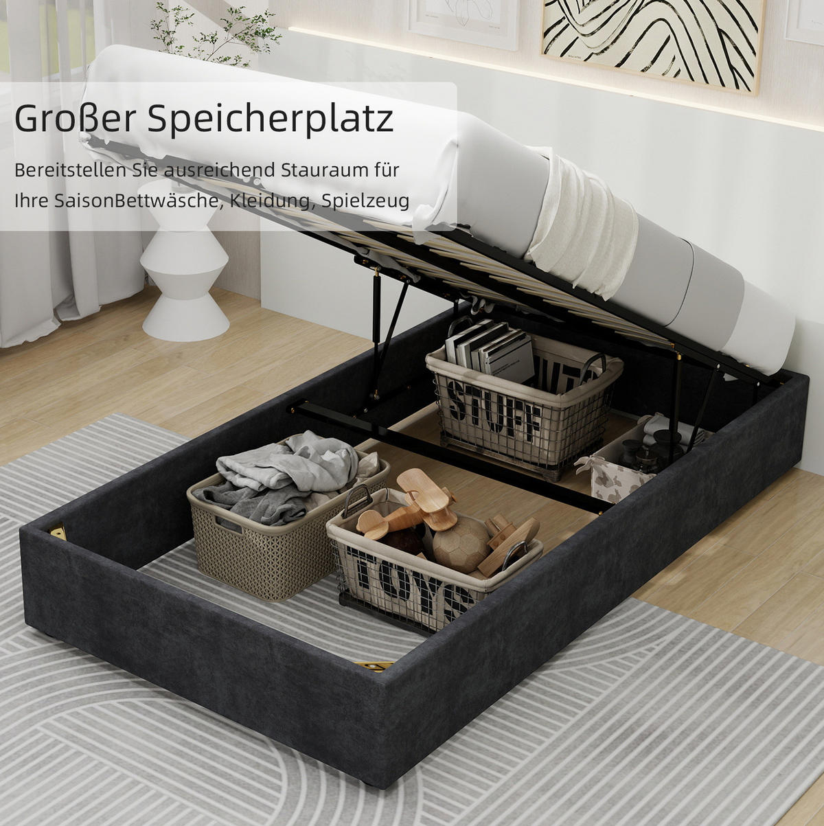 POLSTERBETT 90/200 cm grau aus Stoff und Metall mit Stauraum - Grau, Textil (90/200cm) - OKWISH