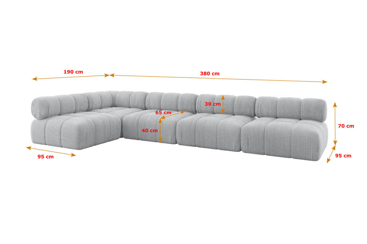 ECKSOFA modulares Sofa Samaro-L3 - 380x190x70 cm Grau Cord - Grau, Holzwerkstoff/Textil (380/190cm) - ALTDECOR