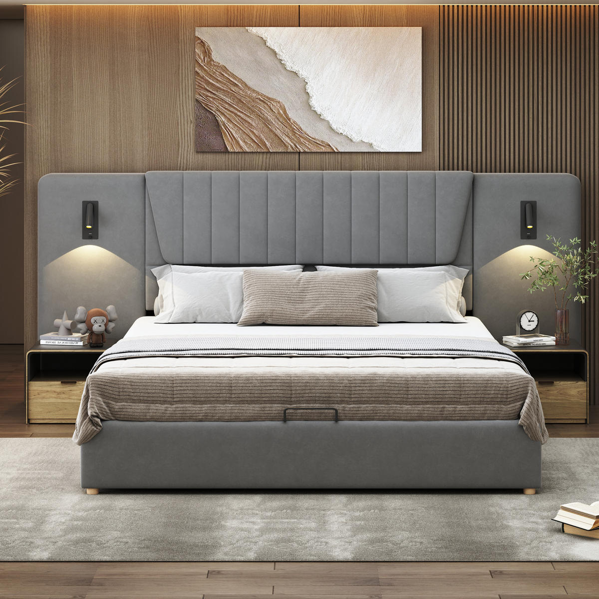 POLSTERBETT 180/200 cm in Grau Samt mit Bettkasten, Leselampen und USB - Grau, Holzwerkstoff/Textil (180/200cm) - WISHDOR