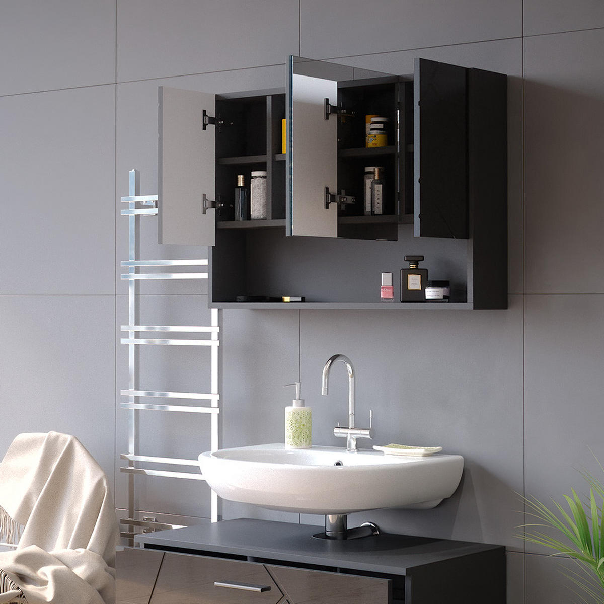 BADSPIEGELSCHRANK Irma Anthrazit Hochglanz 80.1 x 55 cm - Schwarz Hochglanz, Holzwerkstoff (80.1/55/17cm) - Vicco