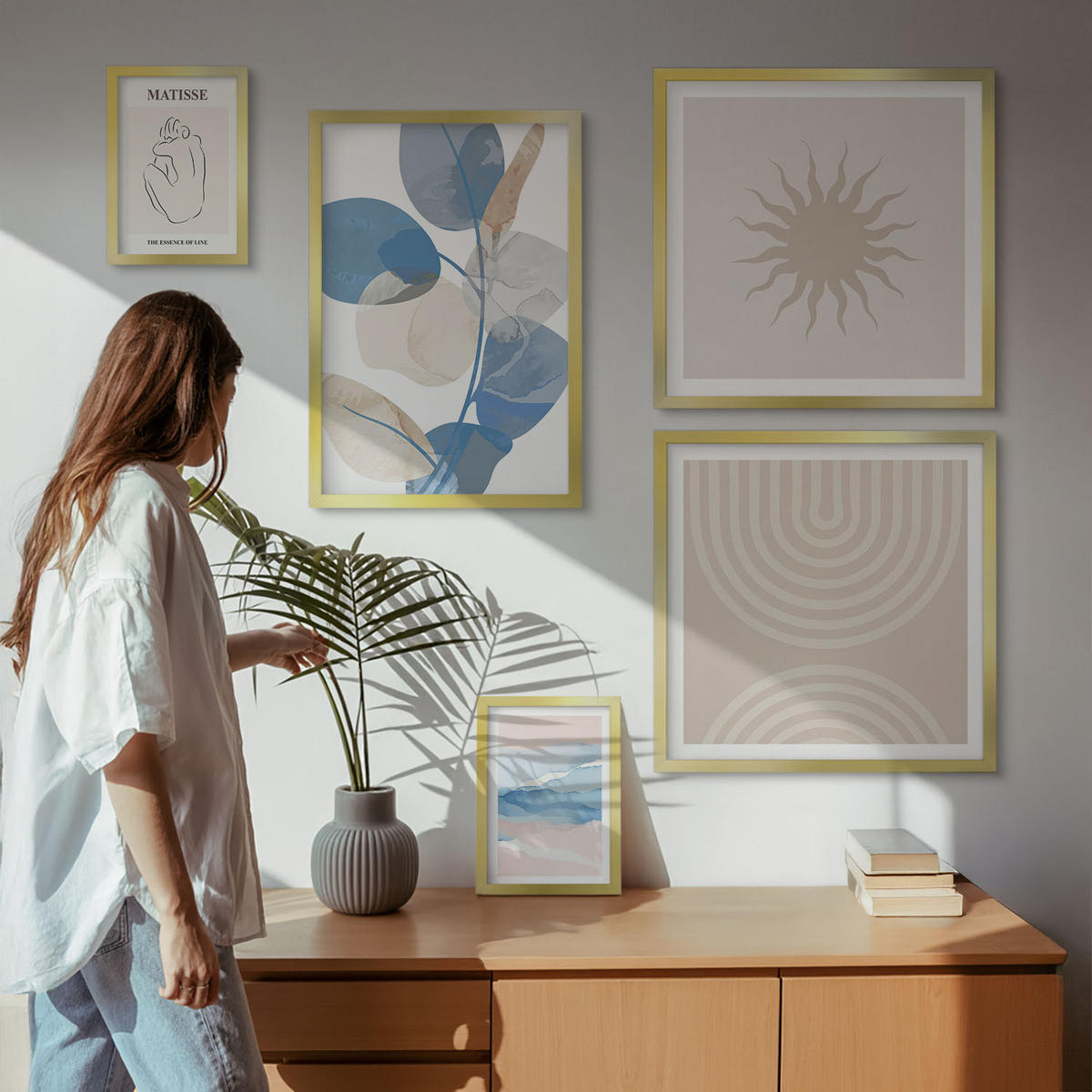 BILDER SET 5er Set - 50x50 cm & 20x30 cm & 40x60 cm Goldrahmen - Linien, Wellen, Pastellfarben, minimalistisch - Goldfarben, Kunststoff (40/60cm) - TULUP