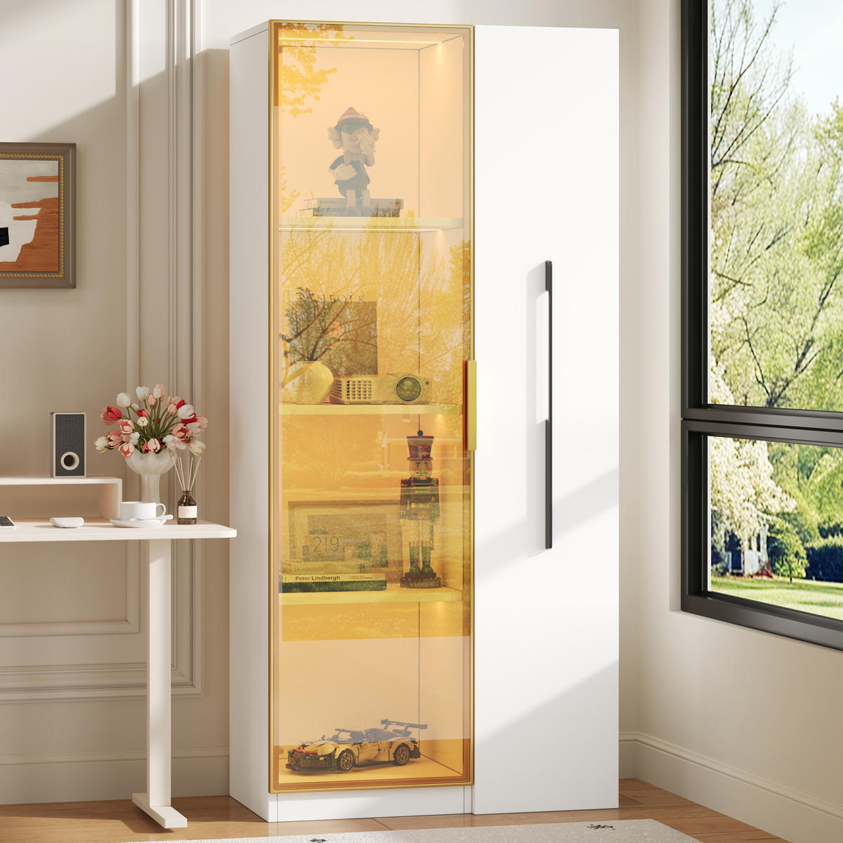 HIGHBOARD mit Glastüren 70/40/160 cm – mit LED-Beleuchtung und Stauraum - Weiß, Holzwerkstoff (70/160/40cm) - BEAOK