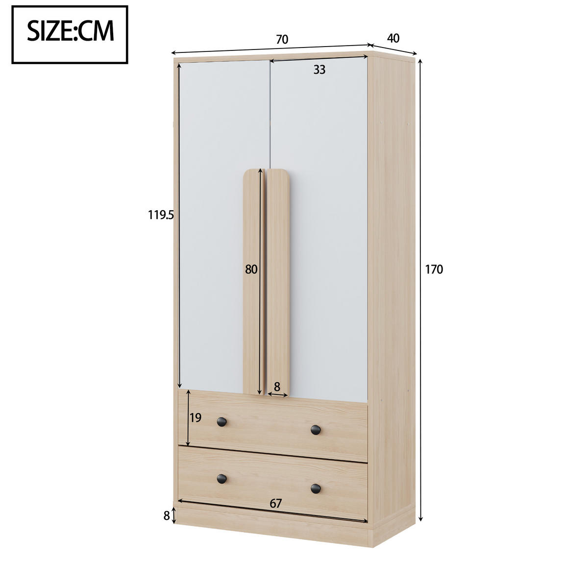 KLEIDERSCHRANK in Naturfarben mit Schubladen für Schlafzimmer und Wohnzimmer, B70/T40/H170 cm - Naturfarben/Weiß, Holzwerkstoff/Metall (70/170/40cm) - STILVORA