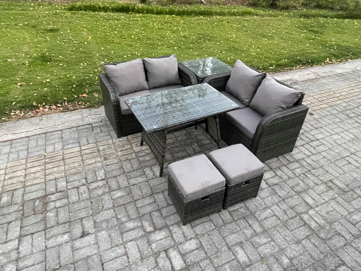 BALKONSET mit ESSTISCH SOFA Polyrattan Dunkelgrau 6-Sitzer - Dunkelgrau/Grau, Glas/Kunststoff - Fimous