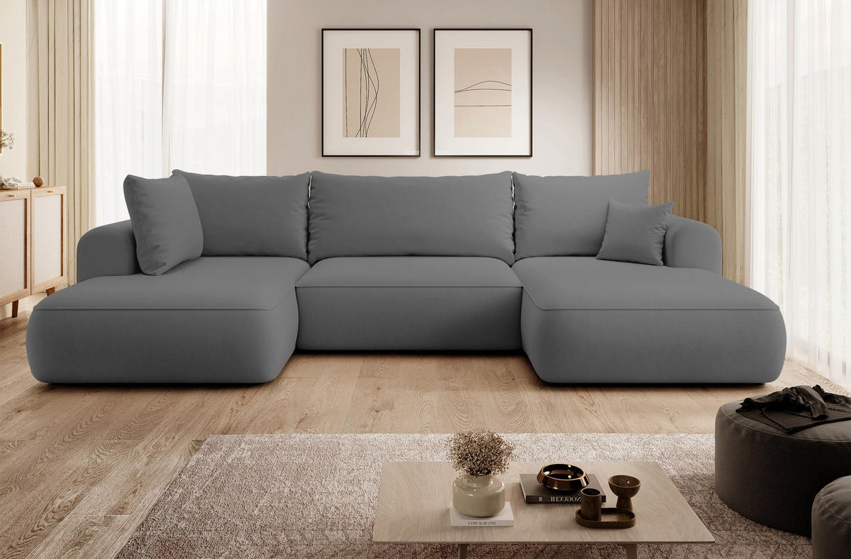 WOHNLANDSCHAFT Ovo Dunkelgrau Velours - Dunkelgrau/Schwarz, Textil (375/95/185cm) - Selsey