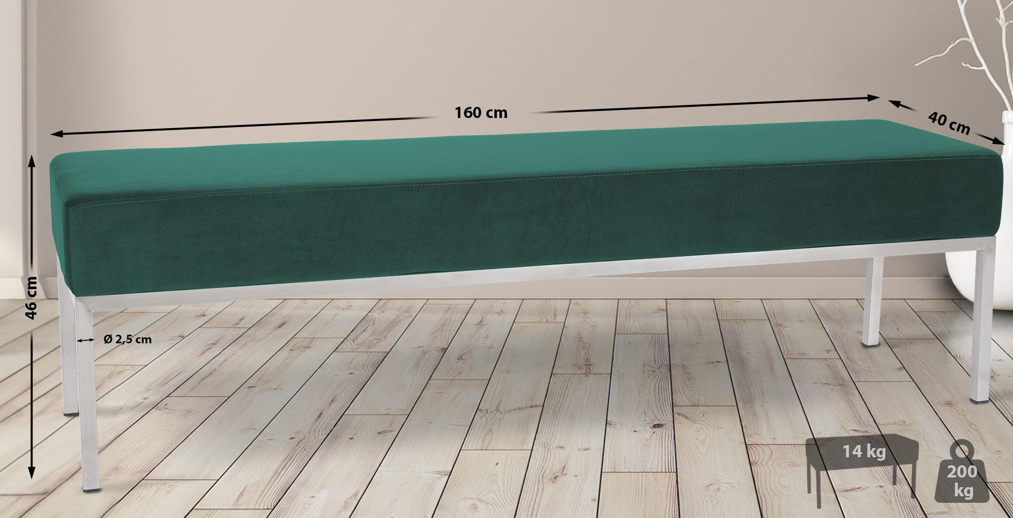 SITZBANK 160/40 cm Samt grün - Edelstahlfarben/Grün, Textil/Metall (160/46/40cm) - CLP