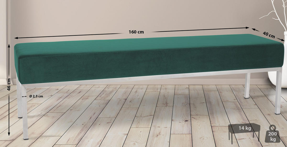 SITZBANK 160/40 cm Samt grün - Edelstahlfarben/Grün, Textil/Metall (160/46/40cm) - CLP