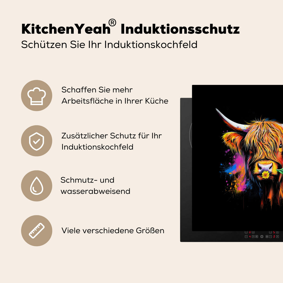 HERDABDECKPLATTE Schottischer Highlander - Graffiti - Bunt - Blume - Tiere Induktionsmatte 78x78 cm - Multicolor, Kunststoff (78/78/0.2cm) - MuchoWow