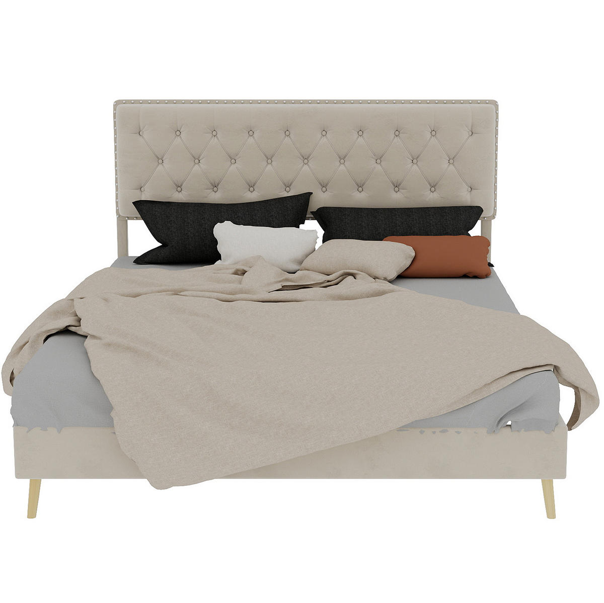 POLSTERBETT 160/200 cm aus Stoff und Metall mit hohem Kopfteil und Stauraum, Beige - Beige, Textil (160/200cm) - Redom