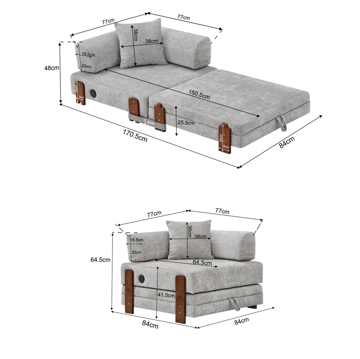 SCHLAFSOFA klappbar 2-in-1 Stoff Light Grey - Hellgrau, Textil (170.5/48/84cm) - Meubliv