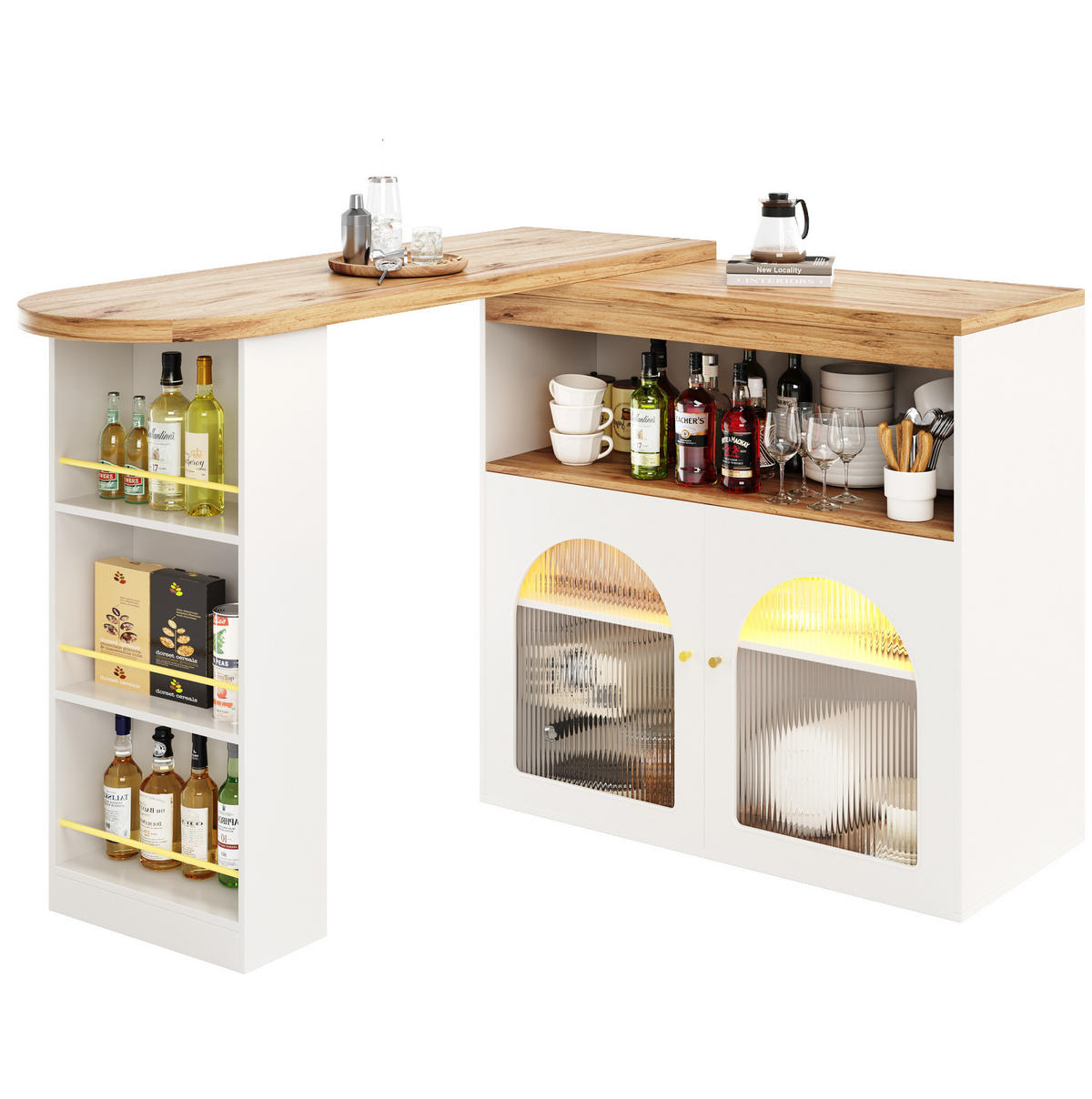 BARTISCH aus MDF 138-193x39x105 cm Weiß drehbar mit LED-Lichtleiste und Stauraum - Weiß, Holzwerkstoff (39/193/105cm) - Modfu