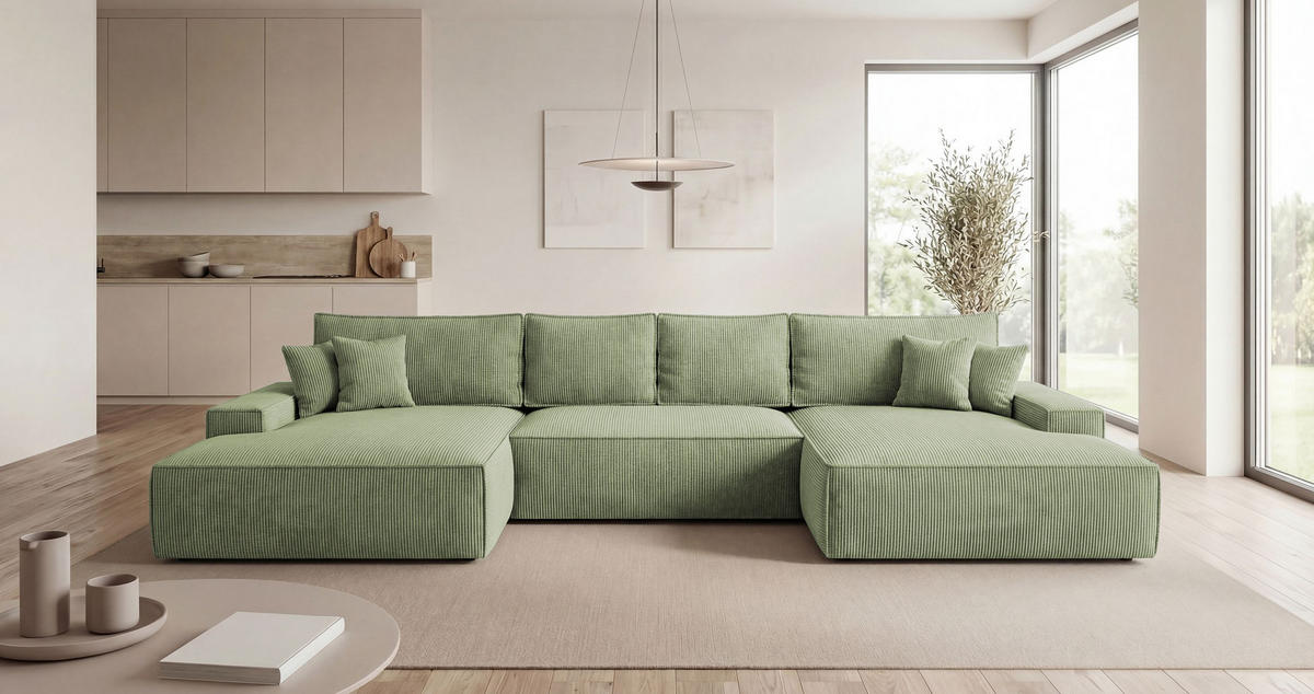 WOHNLANDSCHAFT VERONA U-Form hellgrün Cord Poso 47 - Schlaffunktion, Bettkasten - Hellgrün, Textil (385/86/185cm) - Cornero