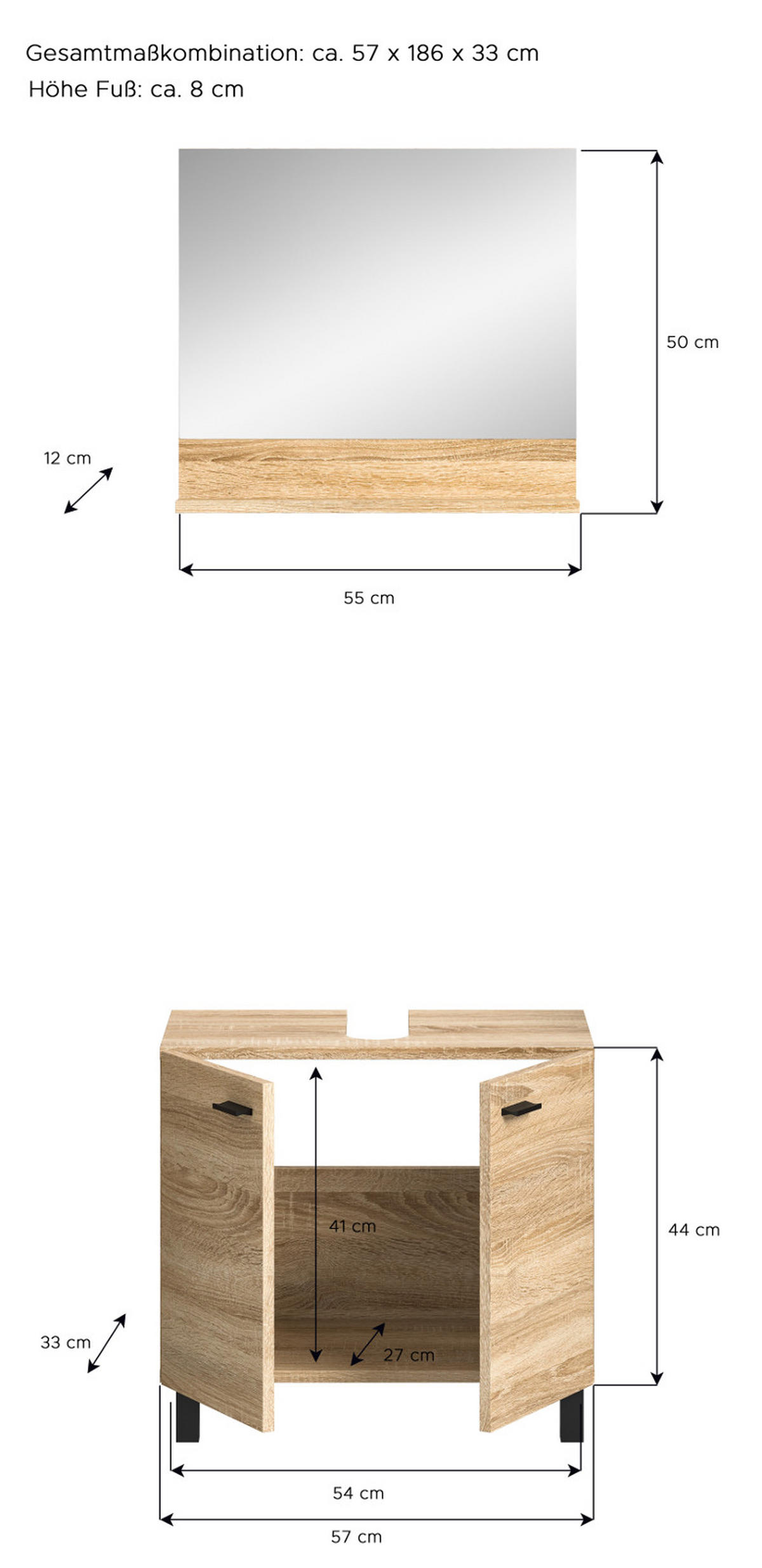 BADMÖBEL-SET Eiche 2-teilig 57 cm, Kombination hängend oder stehend - Eichefarben, Glas/Holzwerkstoff (57/186/33cm) - Inn.Furn
