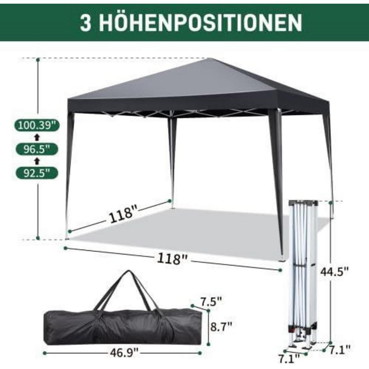 PAVILLON 3 x 3 m wasserdicht UV Schutz 50+ mit 4 Seitenteilen Dunkelgrau - Anthrazit, Metall (255/300/300cm)