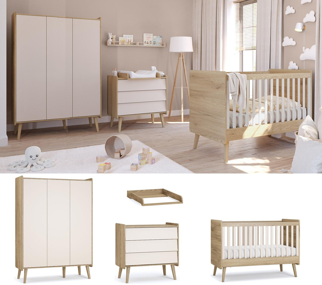 BABYZIMMER Set Vienna Fresh Set B - 4-teilig - Eichefarben/Beige, Holzwerkstoff (133/185/51cm) - QMM TraumMöbel