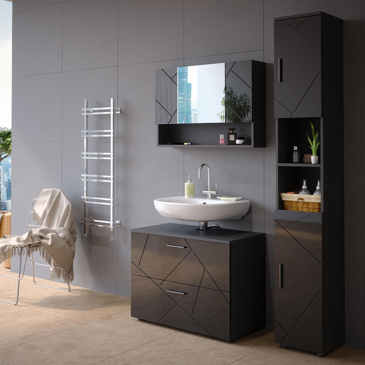 BADMÖBEL-SET Irma Anthrazit Hochglanz 3 Teile mit Spiegelschrank 80 cm - Anthrazit, Holzwerkstoff (80/58.6/41cm) - Vicco