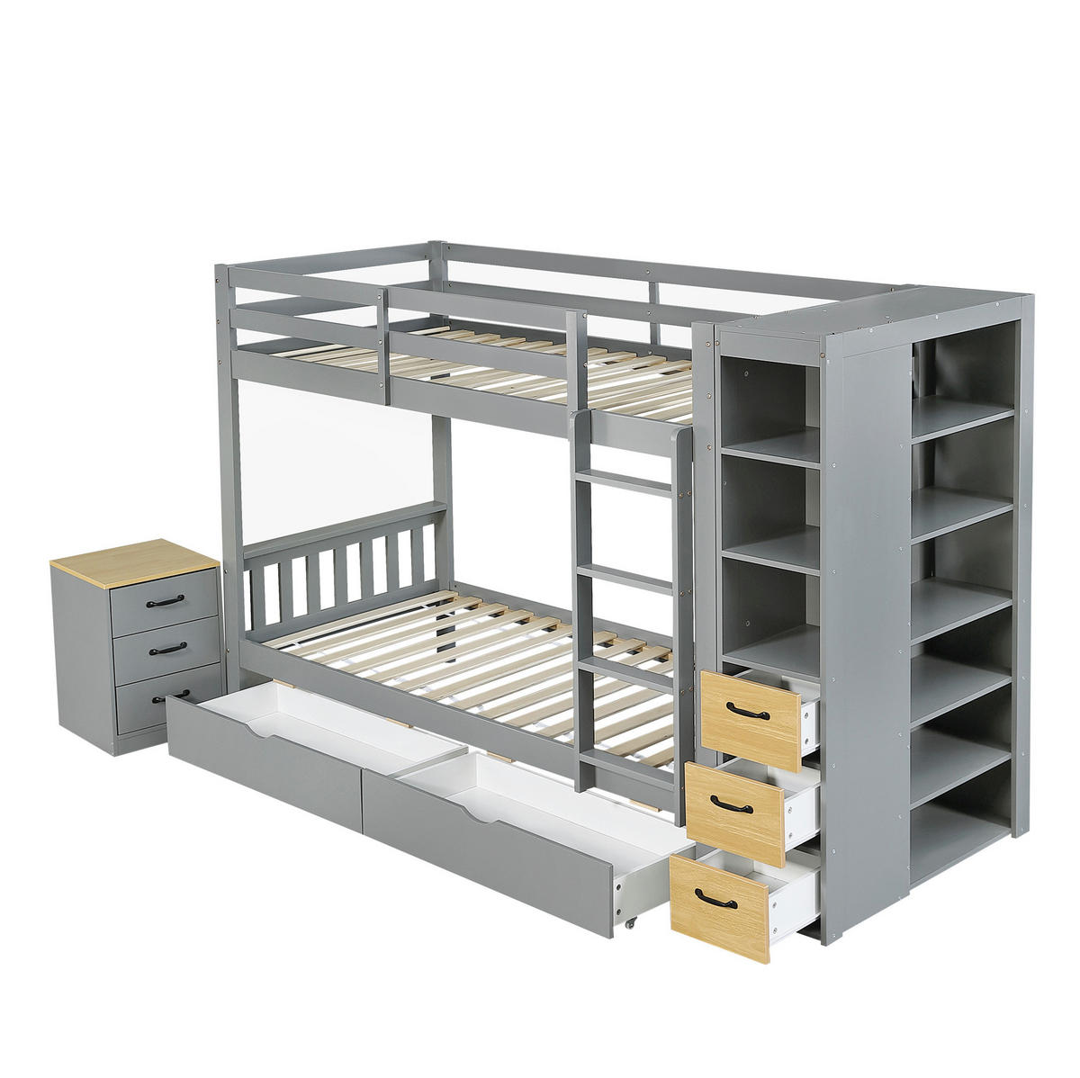 ETAGENBETT 90/200 cm Hellgrau mit Nachtkommode, Regal und Schubladen ohne Matratze - Hellgrau, Holz (90/200cm) - MIVRAY