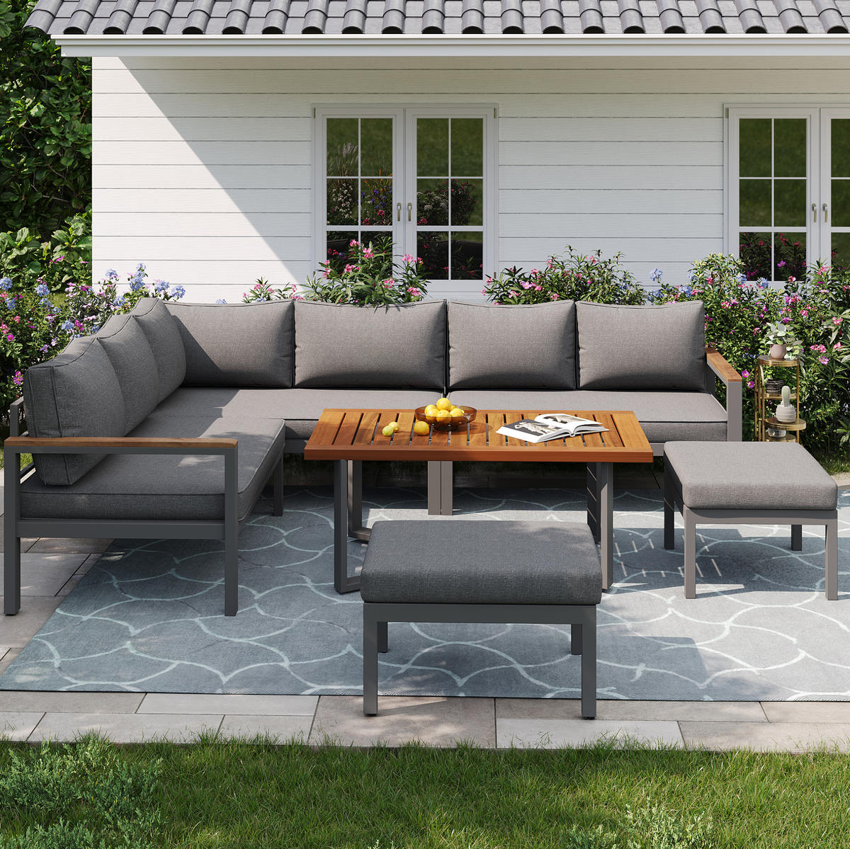GARTENMÖBEL 100x50cm grau aus Metall und mit Holzplatte - Grau, Metall - Modfu