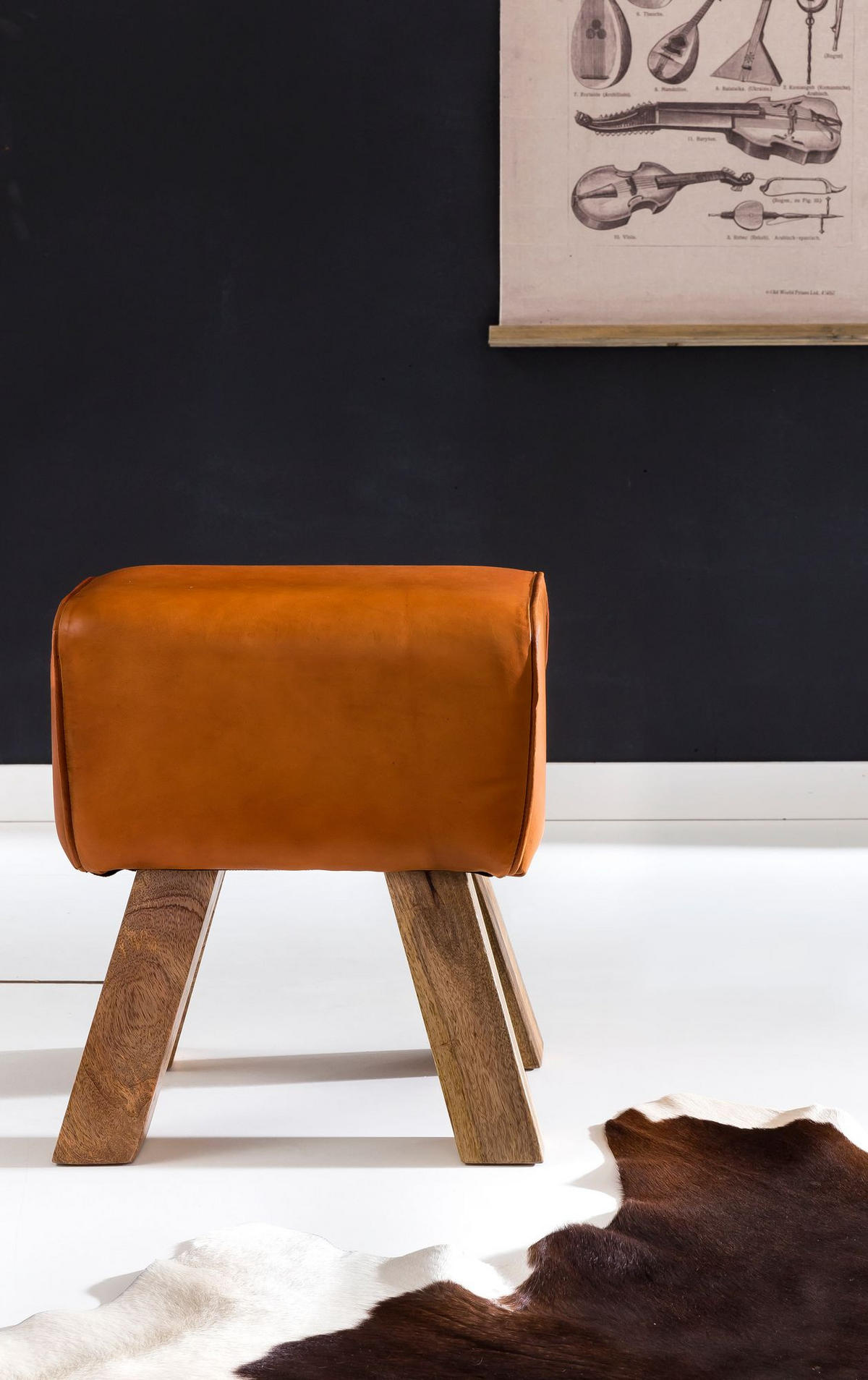 SITZHOCKER Retro Landhaus Holzbeine, Braun 40x30x47 cm - Braun, Mangoholz/Leder (40/47/30cm) - KADIMA DESIGN