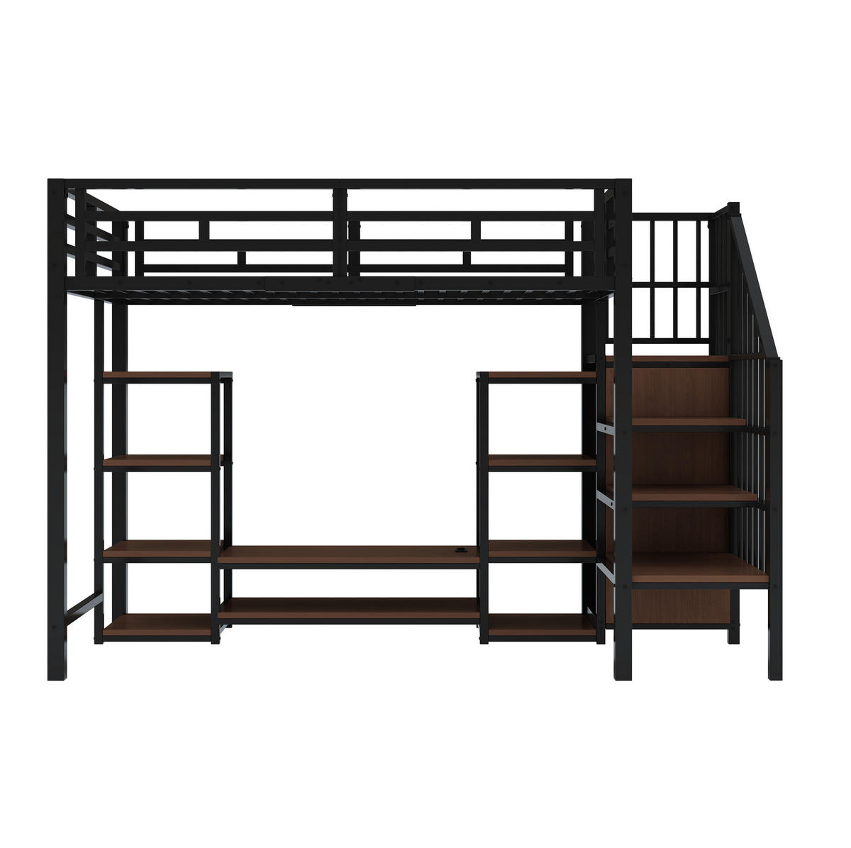 HOCHBETT 90/200 cm mit TV-Ständer, Steckdose und Aufbewahrungsleiter aus Metall und MDF, Schwarz - Schwarz, Metall (90/200cm) - Redom