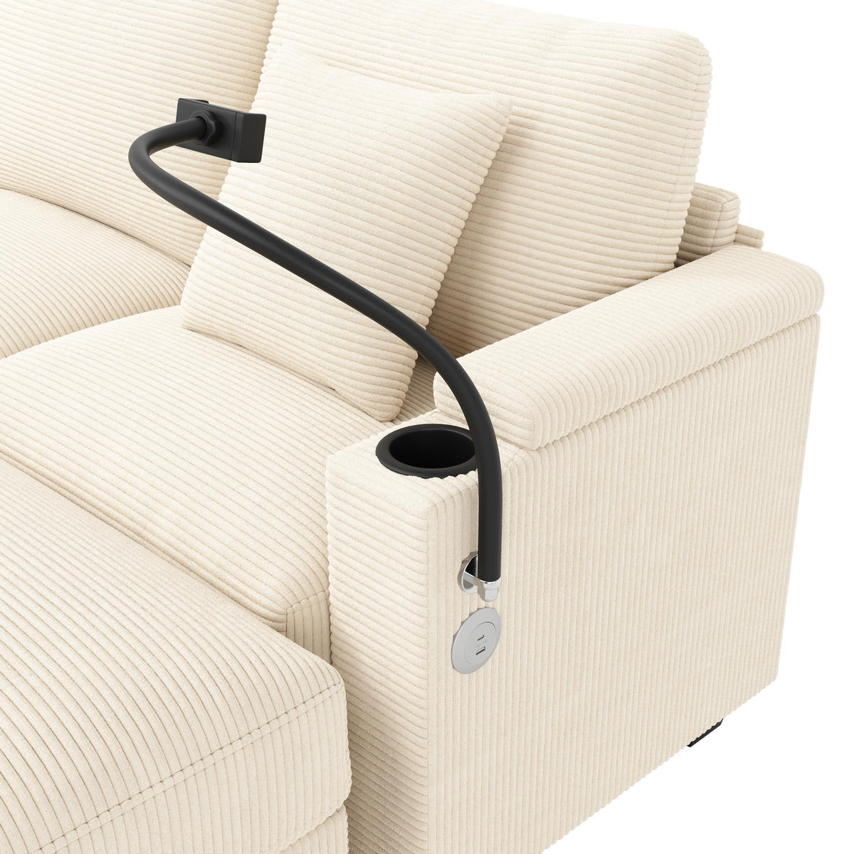 WOHNLANDSCHAFT Cord Beige mit USB, USB-C und Stauraum - Beige, Holzwerkstoff/Kunststoff (275.5/87/139cm) - WISHDOR